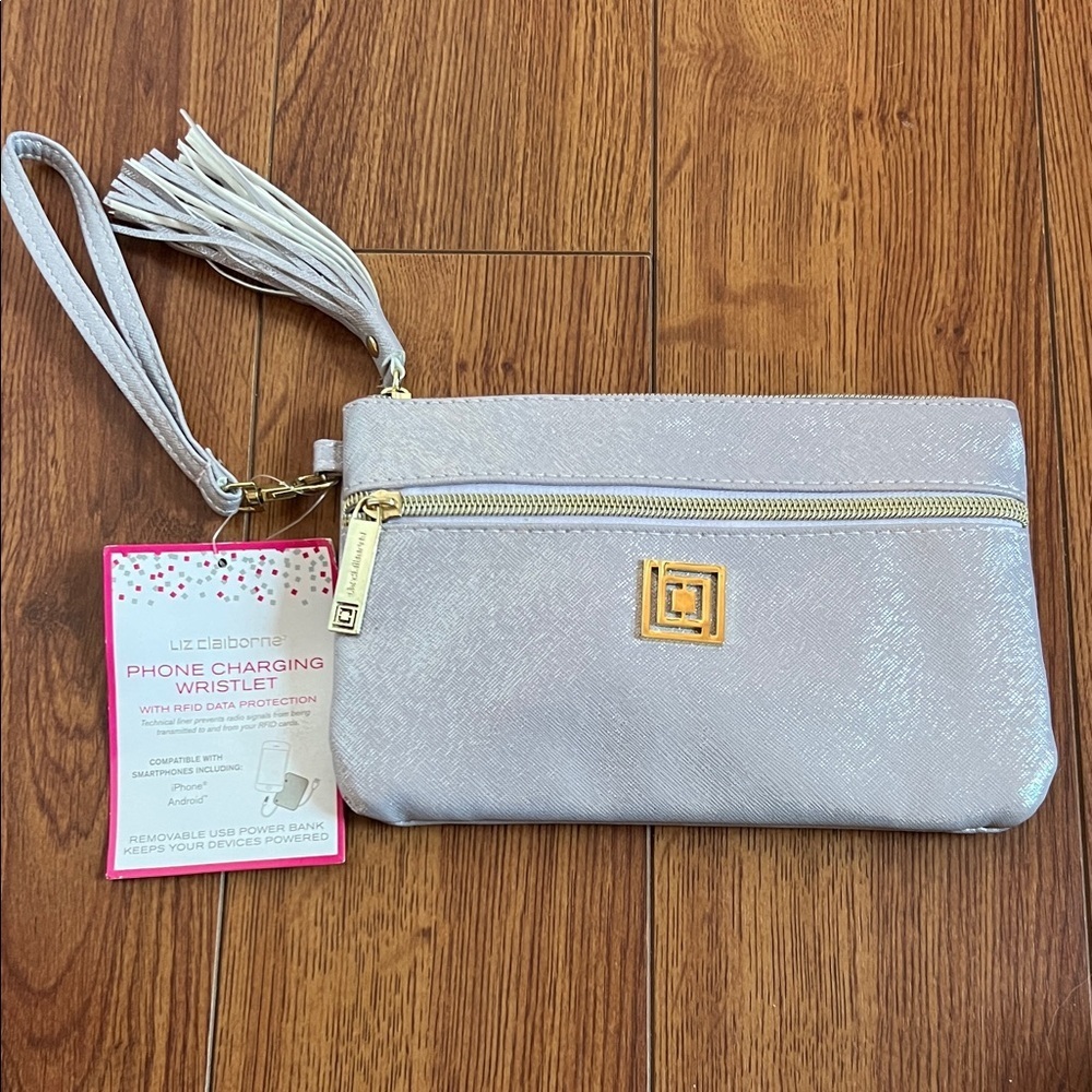 NWT Liz Claiborne Metallic Silver Phone Charging Wristlet with Tassel